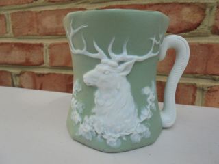 Old Antique German Jasperware Green White Stag Elk Mug