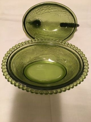 Vintage Indiana Glass Olive Green Rooster Chicken Hen Nest Bowl Covered Dish 2