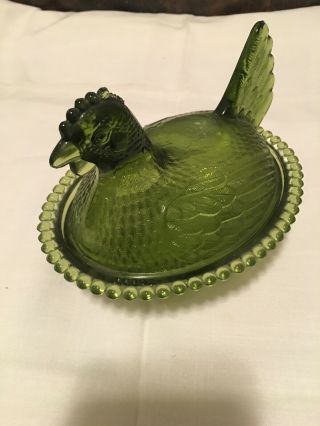 Vintage Indiana Glass Olive Green Rooster Chicken Hen Nest Bowl Covered Dish 4