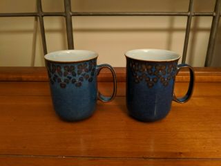 Set Of 2 Denby Midnight Blue Mugs With Brown Floral Accents,  Made In England