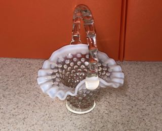 Vintage Fenton Art Glass Hobnail Irridescent Milk Easter Basket Ruffle Small