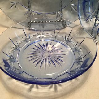 Avon Fostoria Classic American Blue Glass 2 Dinner Plates 2 Soup Bowls 4