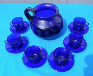 Vintage Set Cobalt Blue Glass Pitcher,  6 Cups And Saucers