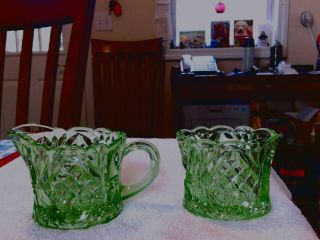 Vintage Green Depression Glass Creamer And Sugar Bowl