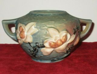 Antique Roseville Pottery 2 Handle Magnolia Blue Vase 446 - 4 "