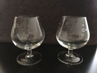 Vintage Brandy Snifter Etched Cut Glass Glasses Flower Leaves Design 2