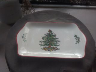 Spode Christmas Tree Rectangular Large Sandwich Cookie Tray Red Trim S3324 - A1