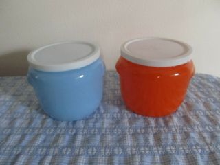 Vintage Glasbake Honey Whip Jars Orange And Blue - With Lids