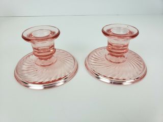 Set Of 2 Vintage Pink Depression Glass Swirl Design Candlesticks