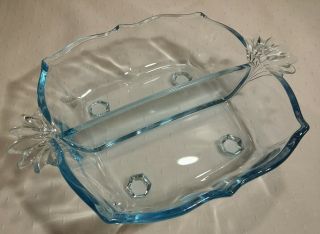 Fostoria Glass Baroque Azure Blue 2 Part Relish Dish Bowl Flame Handles 7.  5 "
