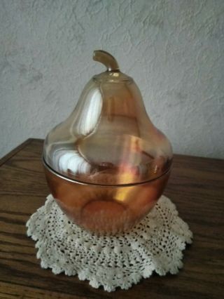 Vintage Marigold Carnival Iridescent Glass,  Pear Shaped Candy Container 7 " Tall