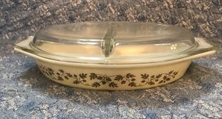 Vintage Pyrex Golden Acorn Divided Casserole Baking Dish With Lid 1 - 1/2 Quart