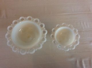 2 Vintage Anchor Hocking Open Lace Edge Milk White Glass Compote 7” & 5”