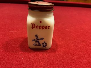 Vintage Hazel Atlas White Milk Glass Dutch Girl W Windmill Pepper Shaker Red Lid