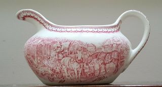 Homer Laughlin Currier And Ives Prints Red Or Pink And White Gravy Boat