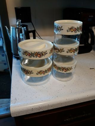 Vtg Pyrex See N Store Spice Of Life Glass Canister Set Of 5 - Stackable