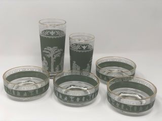 Jeannette Glass Hellenic Wedgewood Jasperware Set Of Green Nappy Bowls & Glasses
