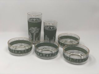 Jeannette Glass Hellenic Wedgewood Jasperware Set Of Green Nappy Bowls & Glasses 2