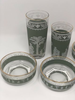 Jeannette Glass Hellenic Wedgewood Jasperware Set Of Green Nappy Bowls & Glasses 3