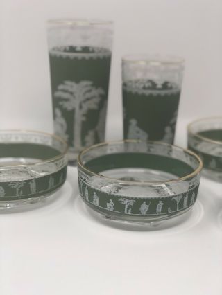 Jeannette Glass Hellenic Wedgewood Jasperware Set Of Green Nappy Bowls & Glasses 4