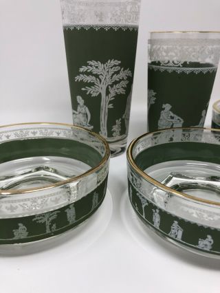 Jeannette Glass Hellenic Wedgewood Jasperware Set Of Green Nappy Bowls & Glasses 5