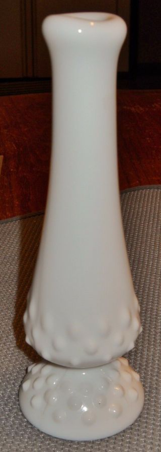 Vintage Fenton Art White Milk Glass Hobnail Rolled Top Bud Vase 7 1/4  Tall