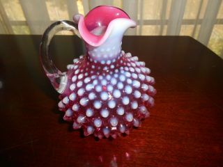 Cranberry Opalescent Hobnail 5 " Ruffled Pitcher By Fenton