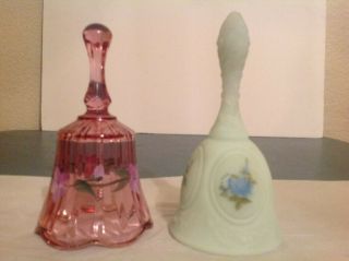 2 Fenton Hand - Painted Bells Flowers Artist Signed Blue Satin/pink Glass