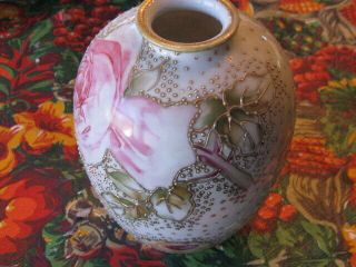 Antique Hand Painted Nippon Moriage Floral 6 " Vase Euc