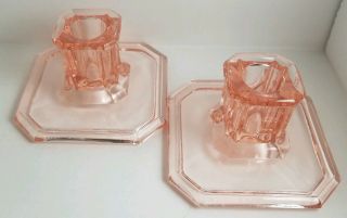 Vintage Pink Tiffin Glass Square Base Candle Holders/candlesticks
