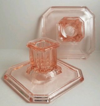 Vintage Pink Tiffin Glass Square Base Candle Holders/Candlesticks 2