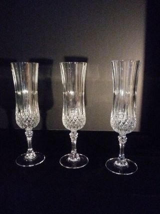 3 Vintage Crystal Diamond Cut Champagne Flute/glasses D 