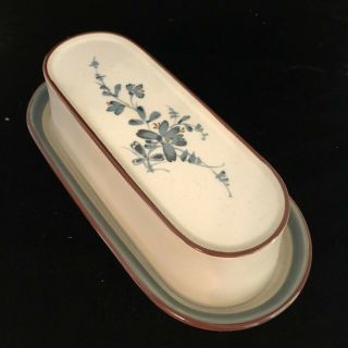 Vtg.  Noritake Stoneware Blue & Brown Floral " Pleasure " Butter Dish W/ Lid