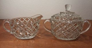 Anchor Hocking Creamer & Sugar Bowl With Lid Waterford Waffle Pattern Crystal