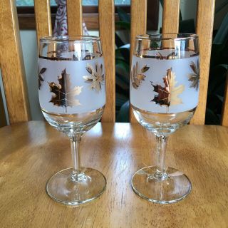 Vintage Libbey Glass Frosted Gold Leaf Stemmed Wine Glasses Mcm Set Of 2
