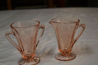 Vtg Pink Depression Glass Creamer And Sugar Bowl Etched Grape Pattern