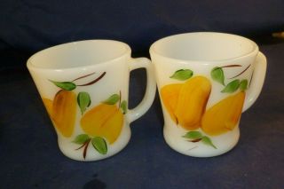 Pair Vintage Fire King Coffee Mugs Milk Glass Painted Fruit Gay Fad