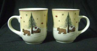 2 Meiwa Art Ginger Creek Bear Coffee Cups Mugs Moose Cabin Pine Trees