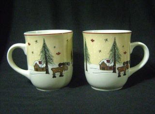 2 Meiwa Art Ginger Creek Moose Coffee Cups Mugs Moose Cabin Pine Trees