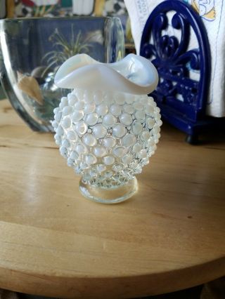 Fenton Moonstone Opalescent Hobnail White And Clear Mini Vase 3 "