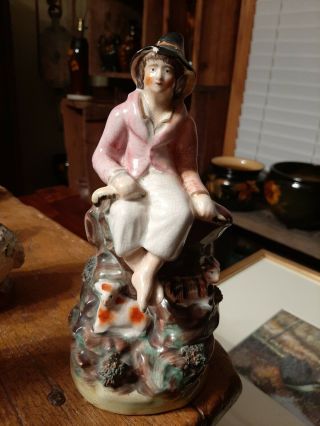 Old Staffordshire Ware England Lady With 2 Deer,  Very Old,  Figurine 7 1/2 "