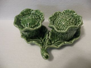 Vintage Green Cabbage Salt And Pepper Set With Leaf Tray,  Bordallo Pinheiro