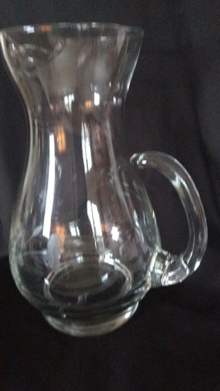 Princess House Etched Glass Pitcher.  Heritage 459.  Cat Tail Handle.  Ice Lip