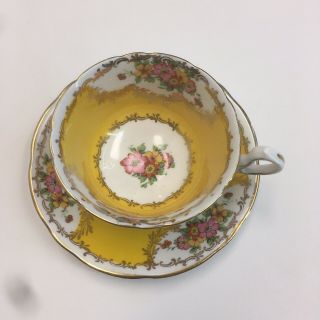 Vtg Mustard Yellow Floral English Royal Stafford Bone China Tea Cup & Saucer