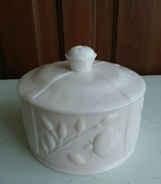 Vintage Jeannette Shell Pink Milk Glass Rose Dresser Powder Box Candy Dish Jar 2