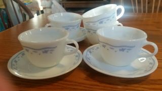 Vintage Pyrex Morning Blue Flower Coffee Cup Mugs & Corelle Saucers Set Of 6