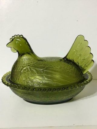 Olive Green Vintage Hen On A Nest Indiana Glass Chicken Basket Beaded Edge