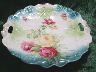 ATQ T L Bavaria Germany Porcelain Hand Painted 10 1/2″ Handled Cake Plate 2