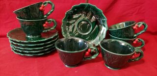 Lefton China Cup & Saucer Vintage Holly Berry Christmas Foil Tags Set Of 6