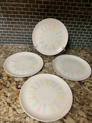 Mid Century Atomic Vernon Ware Anytime By Metlox,  Mid 50s,  4 Dinner Plates